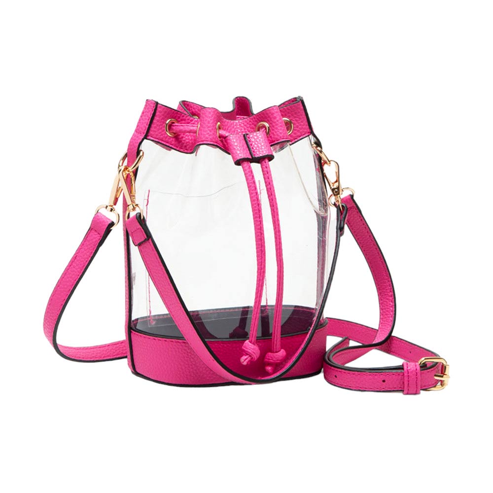 Fuchsia-Solid Faux Leather Transparent Bucket Bag, The perfect accessory for your daily needs. Made of durable and trendy faux leather, this bag features a unique transparent design, allowing you to easily access your items while adding a touch of style to your outfit.