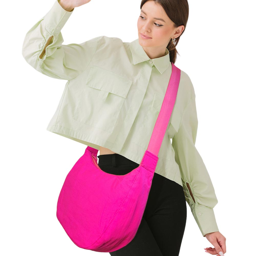 Fuchsia Solid Nylon Sling Bag Crossbody Bag, is perfect to carry all your handy items with ease. This handbag features a top zipper closure for security that makes your life easier and trendier. This is the perfect gift idea for a birthday, holiday, Christmas, anniversary, Valentine's Day, etc.