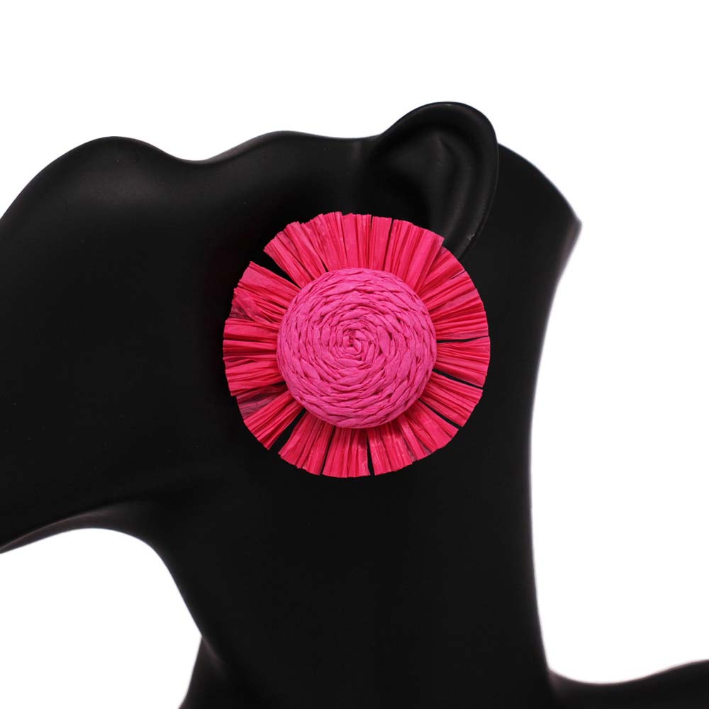 Fuchsia Swirl Raffia Centered Earrings, are fun handcrafted jewelry that fits your lifestyle, adding a pop of pretty color. Enhance your attire with these vibrant artisanal earrings to show off your fun trendsetting style. Great gift idea for your Wife, Mom, your Loving one, or any family member.