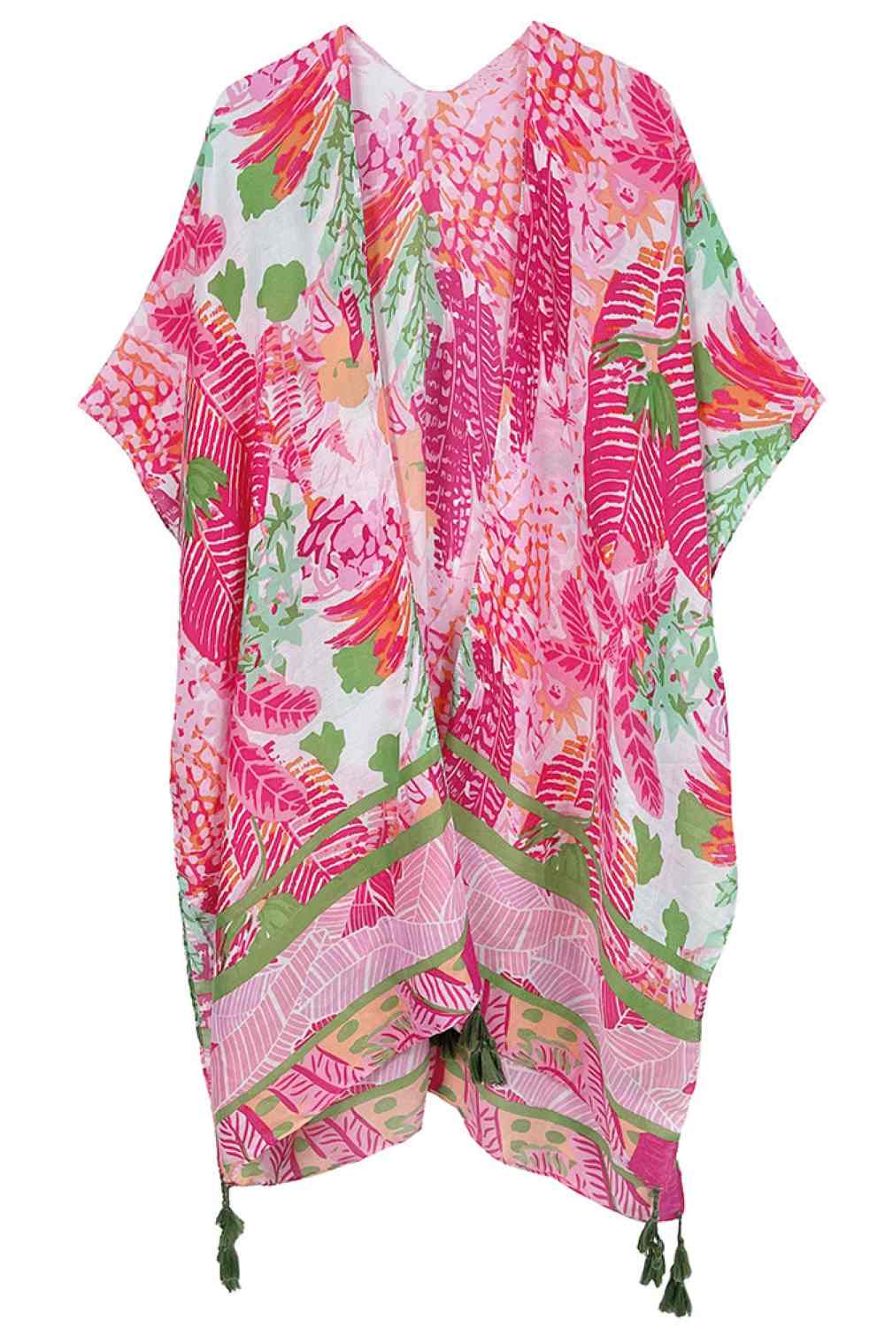 Fuchsia Embrace effortless elegance with this stunning floral pattern print tassel kimono. Crafted from 100% polyester, this lightweight piece drapes beautifully and moves with you throughout the day. Measuring 35.4" x 35.4", it's the perfect layering piece for any season—wear it over a dress, tank top, or swimsuit for instant style. The delicate floral print and charming tassel details add a touch of bohemian flair to your wardrobe. Versatile, comfortable, and easy to care for, this kimono is your go-to pi