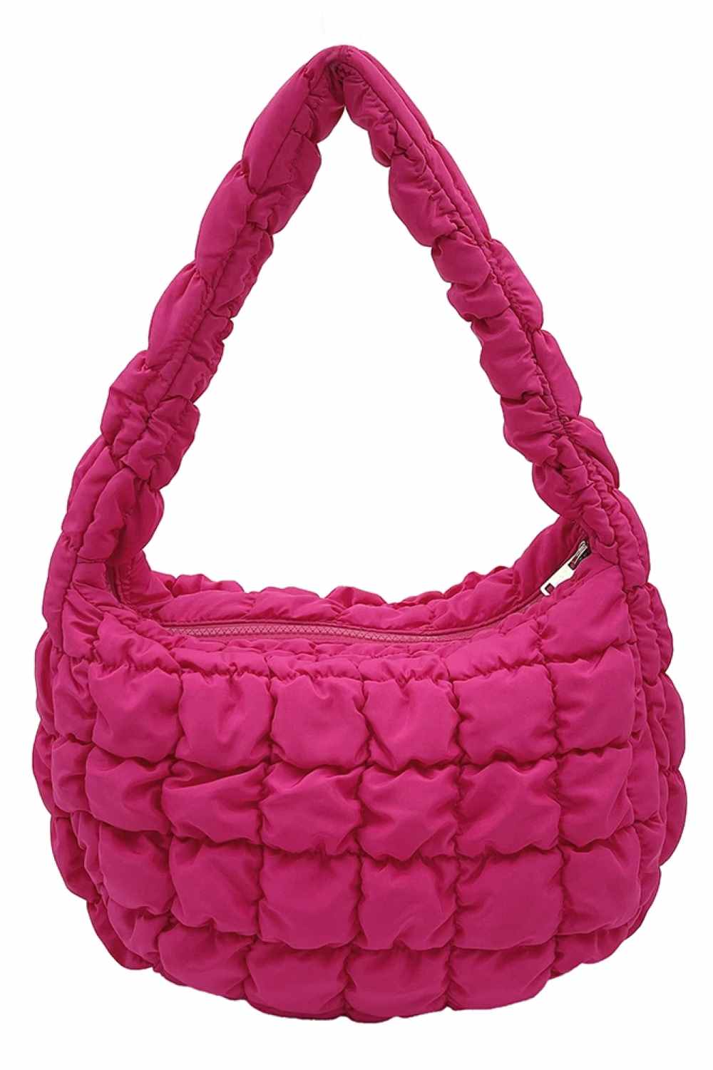 Fuchsia Compact quilted bag crafted from durable 100% polyester with a timeless solid design. Measuring 8.7" x 11.8" x 3.15", it's the perfect size for everyday essentials, travel accessories, or as a versatile organizer. The quilted texture adds visual interest and subtle structure. Ideal for on-the-go convenience with a sleek, minimalist aesthetic that pairs effortlessly with any outfit.