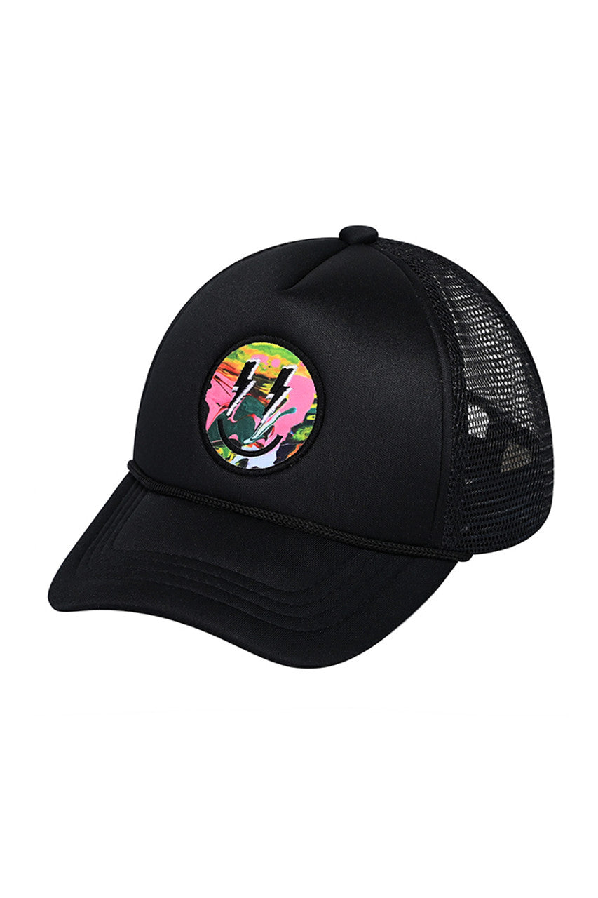 Fullyblack C.C Lightning Bold Eyes Smiley Face Trucker Cap combines distinctive graphic design with classic trucker cap functionality. Featuring bold lightning and smiley face motifs, this cap offers a unique style statement while providing breathable mesh panels for comfort and adjustable fit. Ideal for those seeking both eye-catching aesthetics and practical wearability. 
