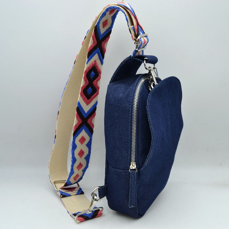Geometric Pattern Strap Sling Bag with Zipper Pockets - Dark Denim - Sling Bag