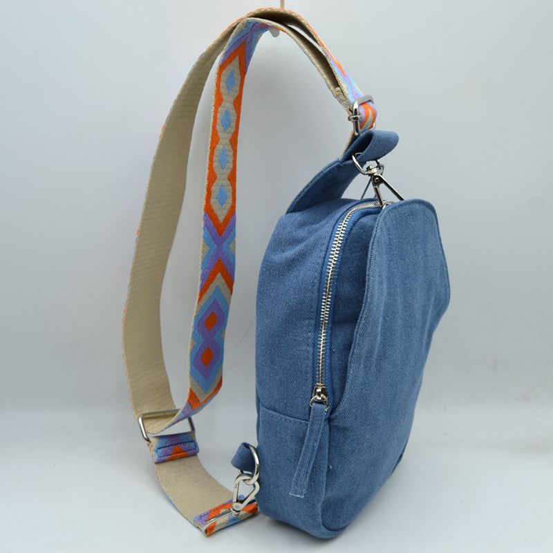 Geometric Pattern Strap Sling Bag with Zipper Pockets - Denim - Sling Bag