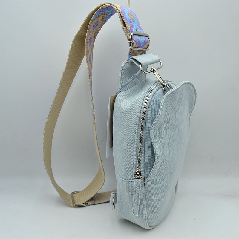 Geometric Pattern Strap Sling Bag with Zipper Pockets - Light Denim - Sling Bag