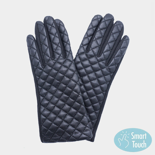 Black Faux Leather Quilted Smart Touch Gloves
