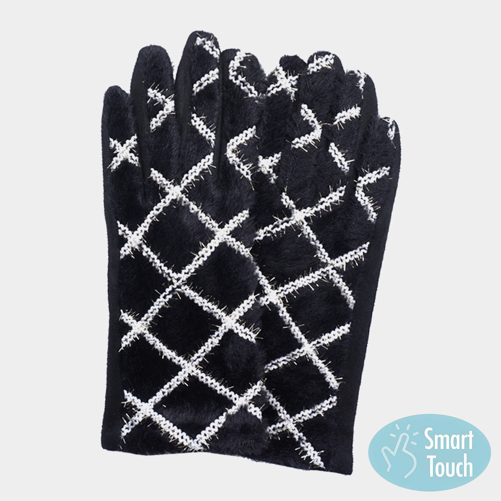 Black Fuzzy Plaid Smart Touch Gloves