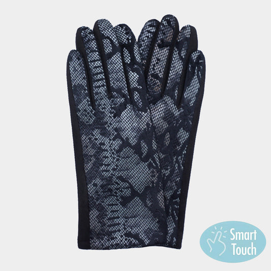 Black Faux Leather Snake Skin Pattern Smart Touch Gloves