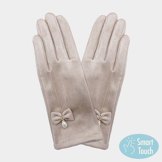 Beige Bow Pearl Dangle Pointed Faux Suede Smart Touch Gloves