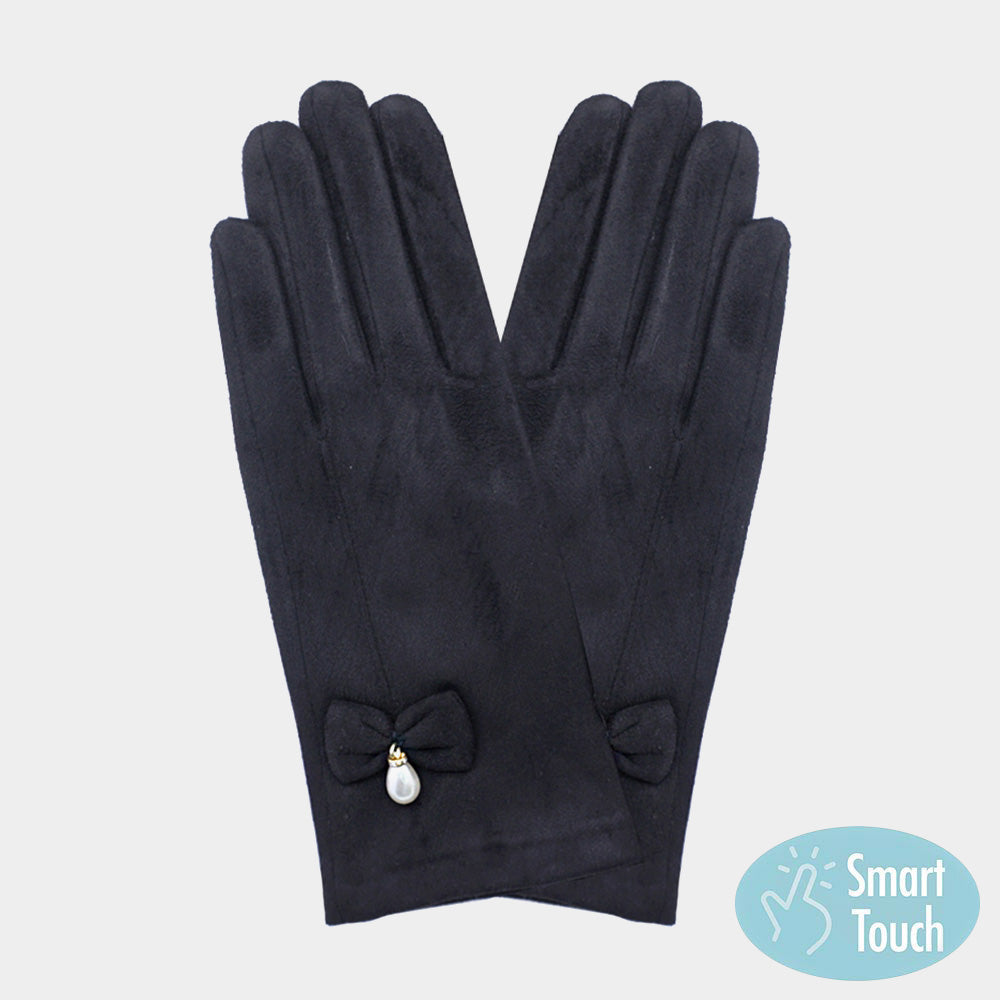 Black Bow Pearl Dangle Pointed Faux Suede Smart Touch Gloves