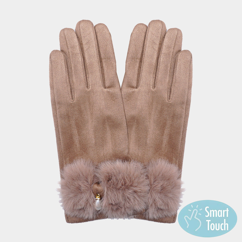 Brown Pearl Pointed Fuzzy Bow Accented Smart Touch Gloves