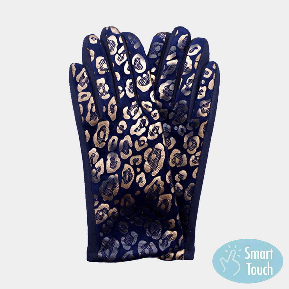 Navy Leopard Pattern Smart Touch Gloves