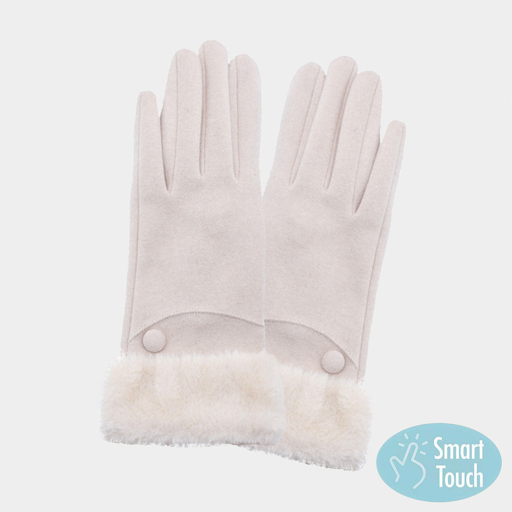 Beige Fuzzy Fur Collar Faux Suede Smart Touch Gloves