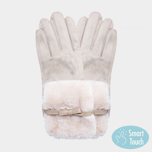 Beige Bow Pointed Fuzzy Fur Collar Suede Smart Touch Gloves