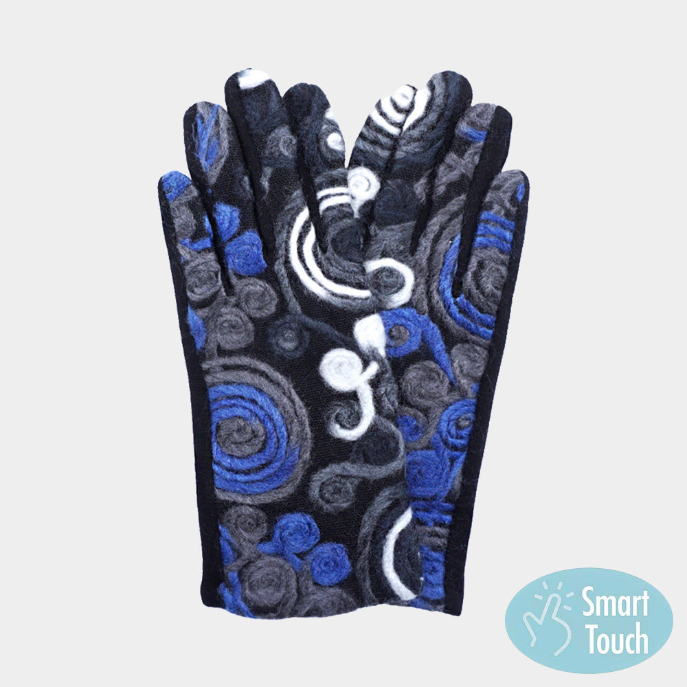 Blue, White Abstract Swirl Yarn Embroidered Smart Touch Gloves