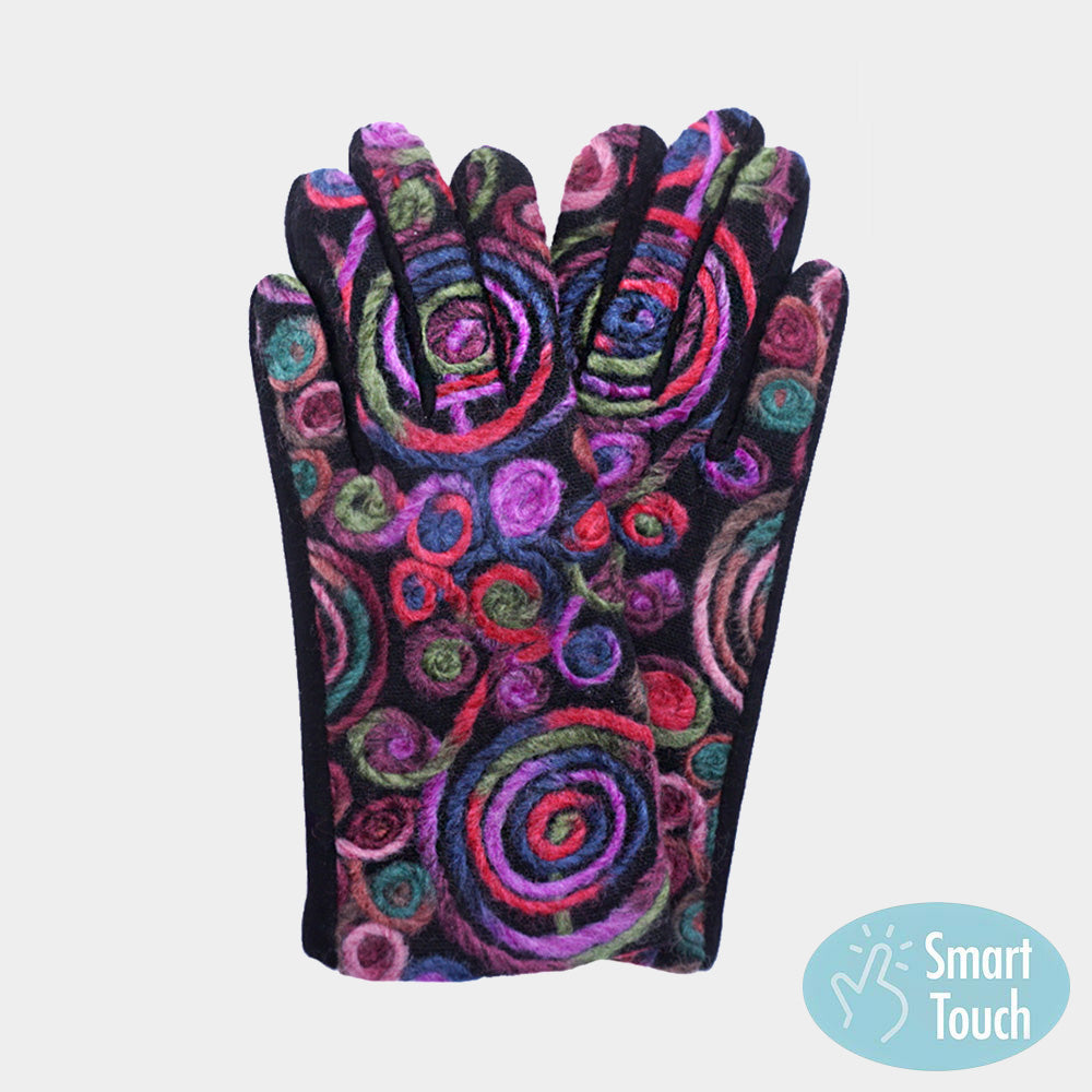 Purple Abstract Swirl Yarn Embroidered Smart Touch Gloves
