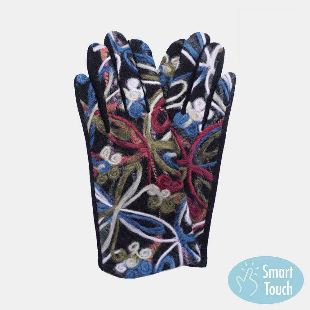 Gray Flower Yarn Embroidered Smart Touch Gloves