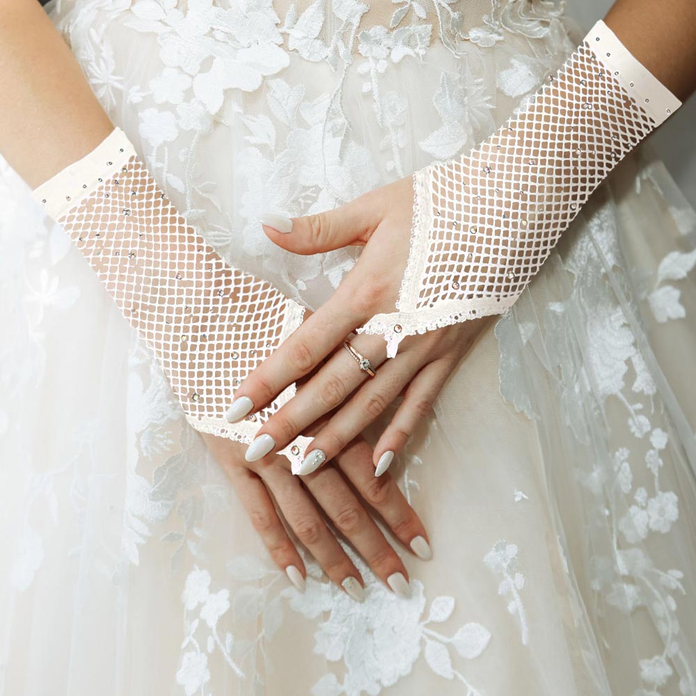 Madeline Love AB, White Stone Embellished Fishnet Fingerless Wedding Gloves - Wedding & Bridal