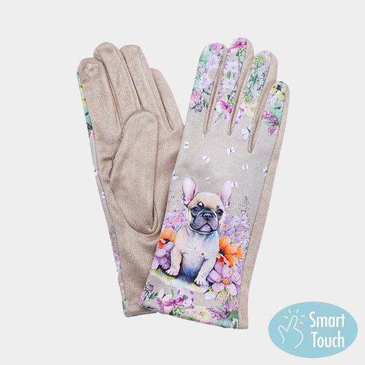 Beige Floral French Bulldog Printed Smart Touch Gloves