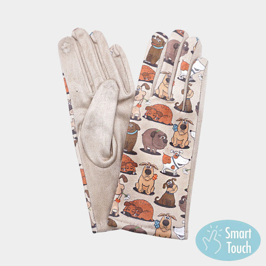 Beige Dog Pattern Printed Smart Touch Gloves