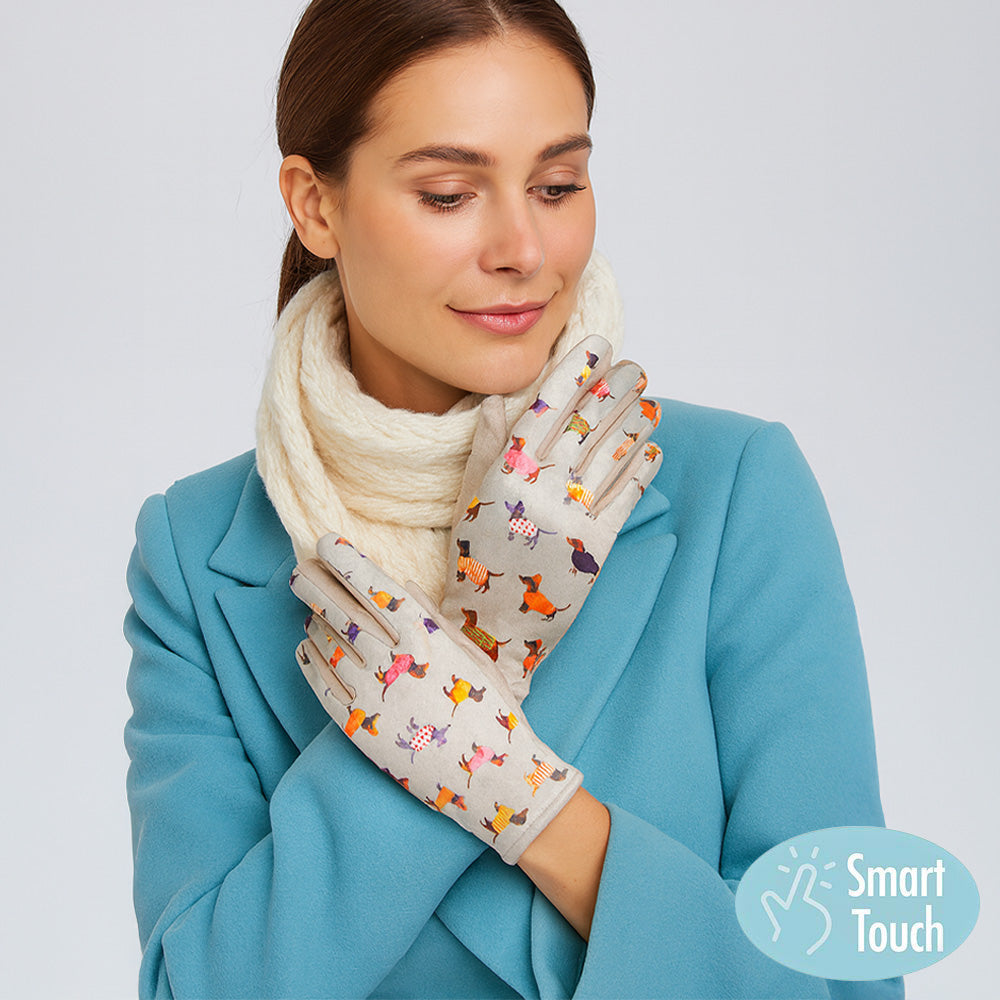 Beige Dachshund Puppy Pattern Printed Smart Touch Gloves