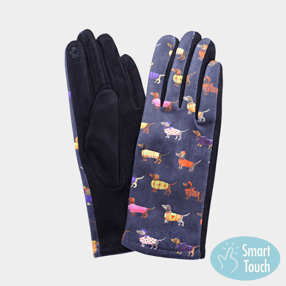 Black Dachshund Puppy Pattern Printed Smart Touch Gloves