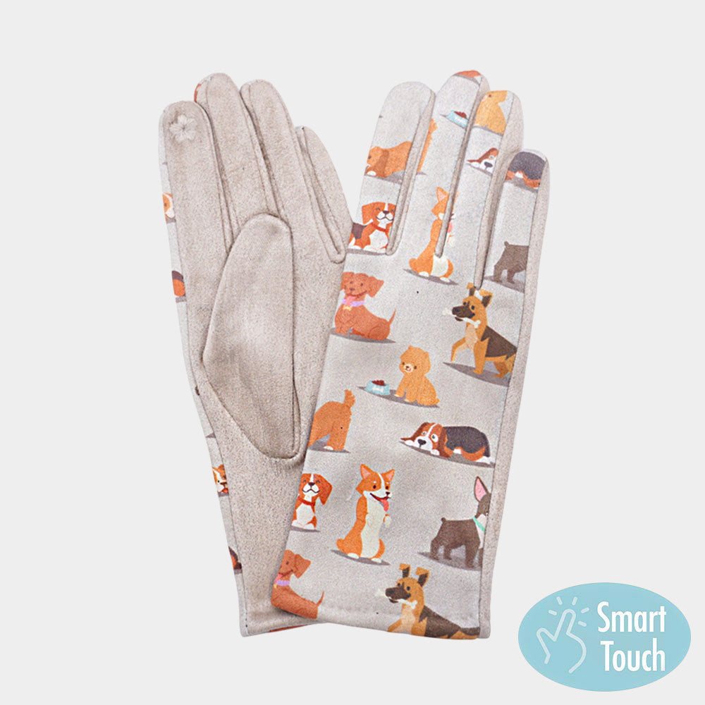 Beige Cute Puppy Pattern Printed Smart Touch Gloves