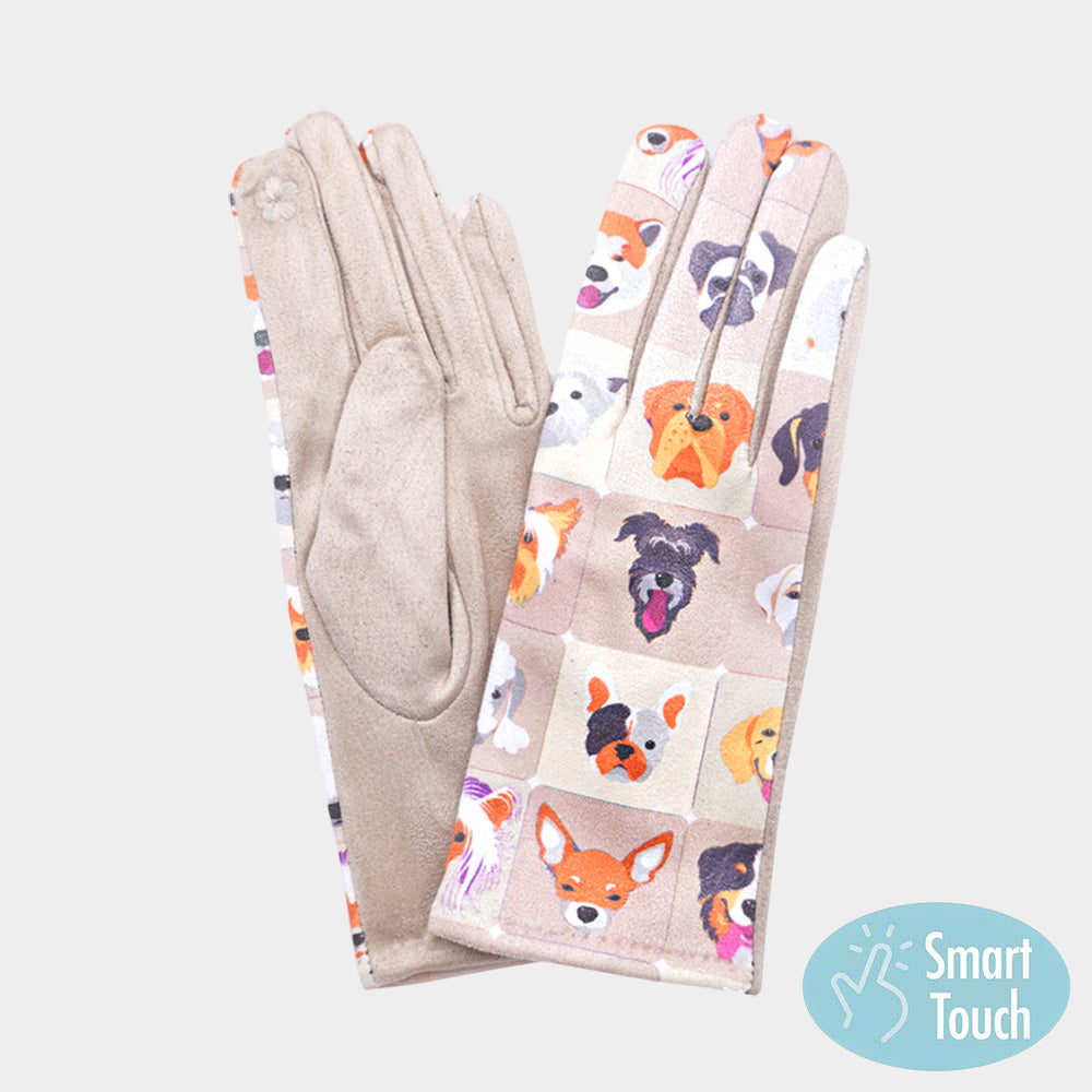 Beige Playful Dog Face Printed Smart Touch Gloves