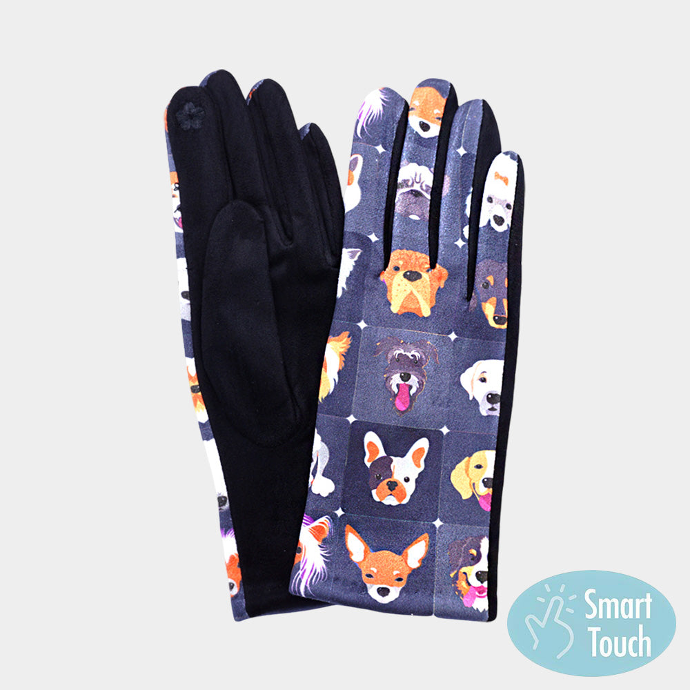 Black Playful Dog Face Printed Smart Touch Gloves
