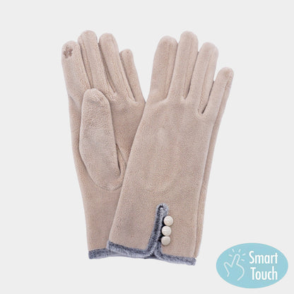 Beige Elegant winter gloves with smart touch technology for easy phone use, featuring a chic button accent and soft interior lining. A stylish cold-weather accessory designed to keep hands warm, comfortable, and connected outdoors.