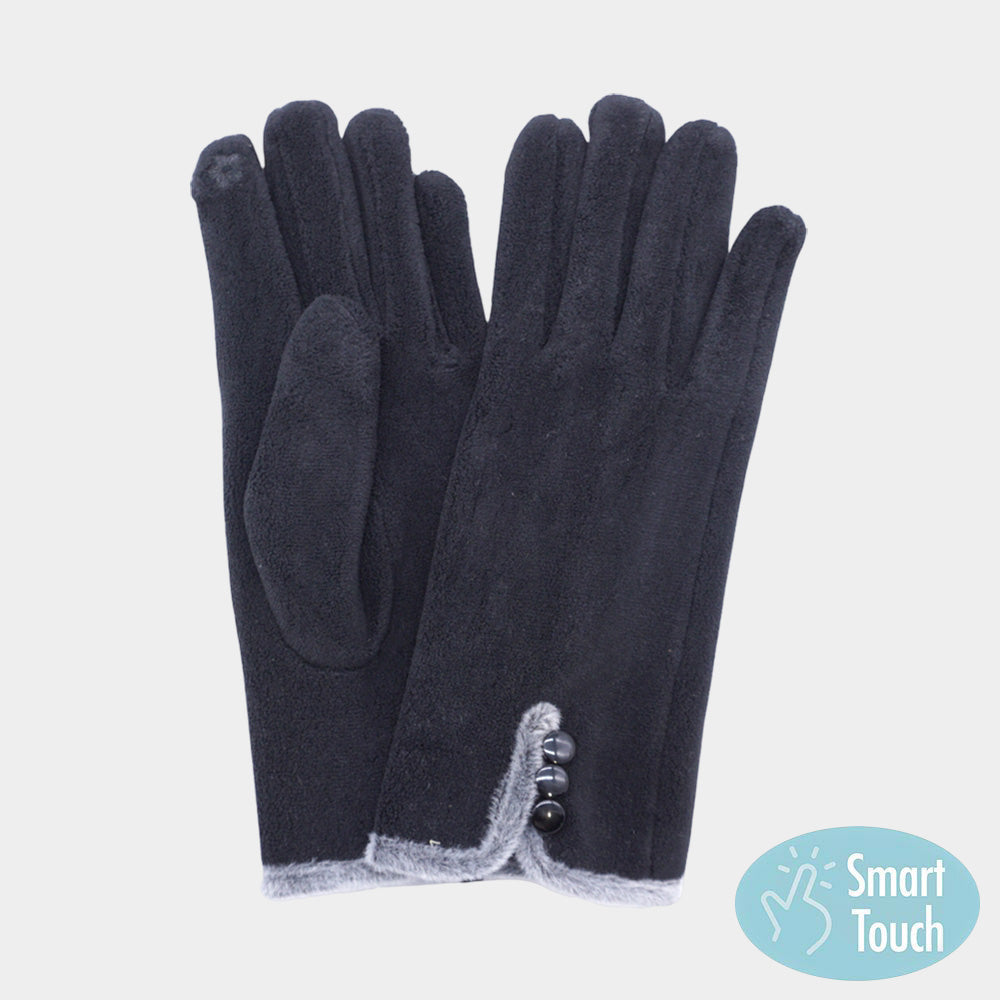 Black Elegant winter gloves with smart touch technology for easy phone use, featuring a chic button accent and soft interior lining. A stylish cold-weather accessory designed to keep hands warm, comfortable, and connected outdoors.