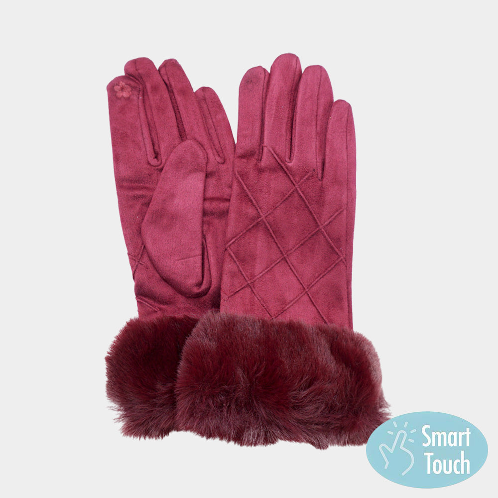 Burgundy Cozy quilted gloves designed with smart touch technology for convenient phone use while keeping hands warm. Accented with plush faux fur trim for a stylish winter look, making them perfect for everyday wear, outdoor activities, and gifting.
