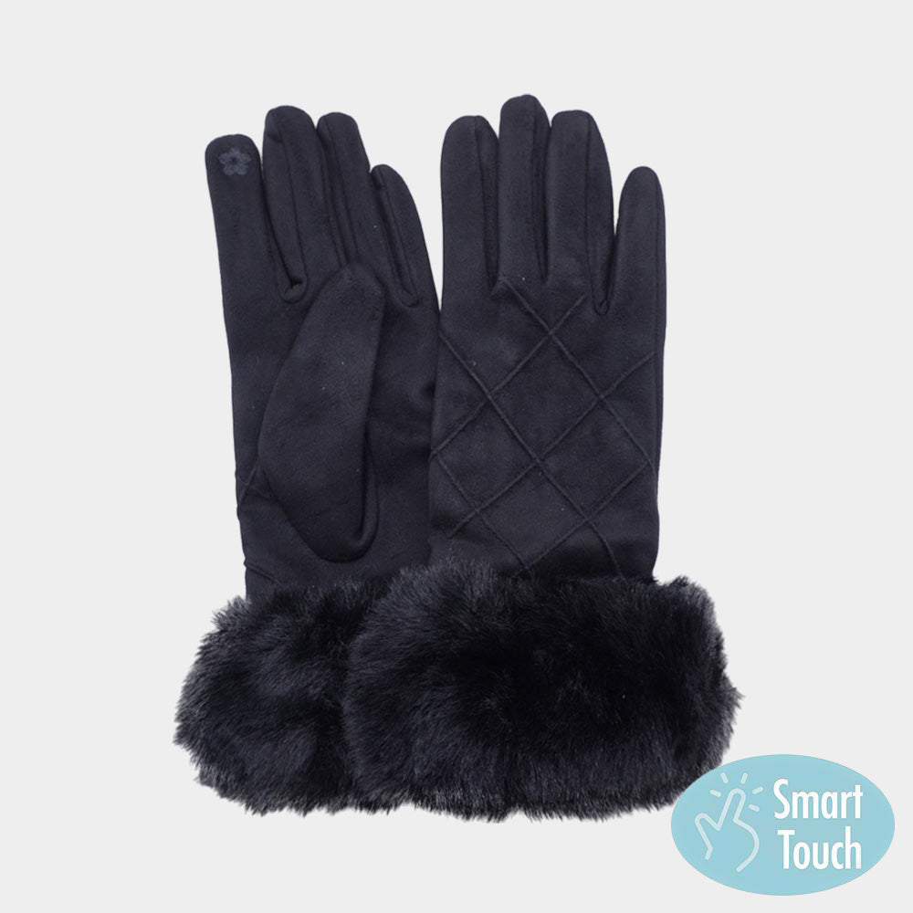 Black Cozy quilted gloves designed with smart touch technology for convenient phone use while keeping hands warm. Accented with plush faux fur trim for a stylish winter look, making them perfect for everyday wear, outdoor activities, and gifting.