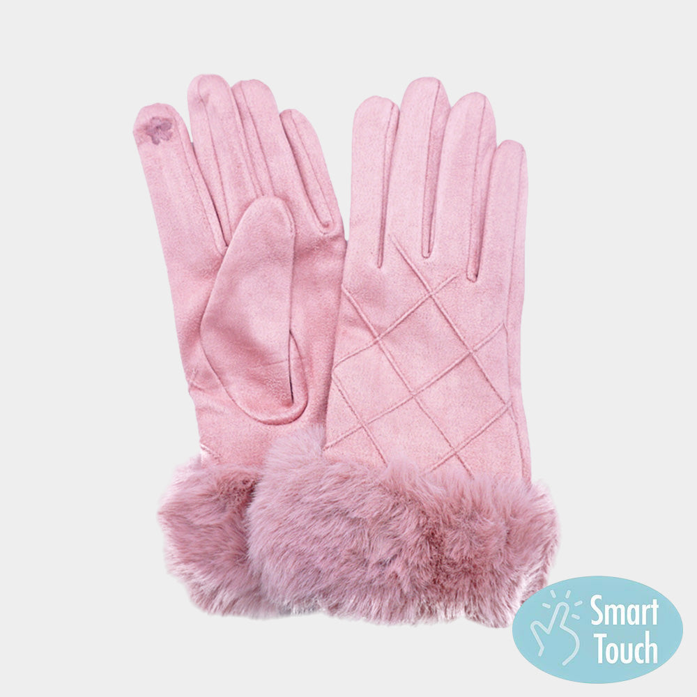 Pink Cozy quilted gloves designed with smart touch technology for convenient phone use while keeping hands warm. Accented with plush faux fur trim for a stylish winter look, making them perfect for everyday wear, outdoor activities, and gifting.
