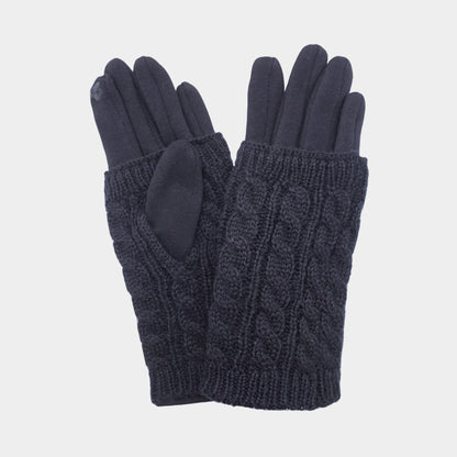 Black Cozy cable knit gloves with smart touch technology for easy device use. Soft, warm, and stylish, these winter gloves offer comfort and functionality, making them perfect for daily wear and outdoor activities.