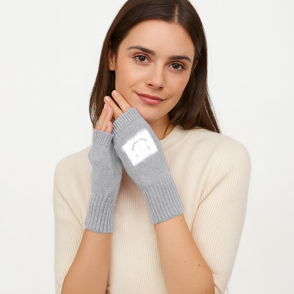 Madeline Love Gray Square Smile Face Accent Fingerless Knit Gloves - Jewelry