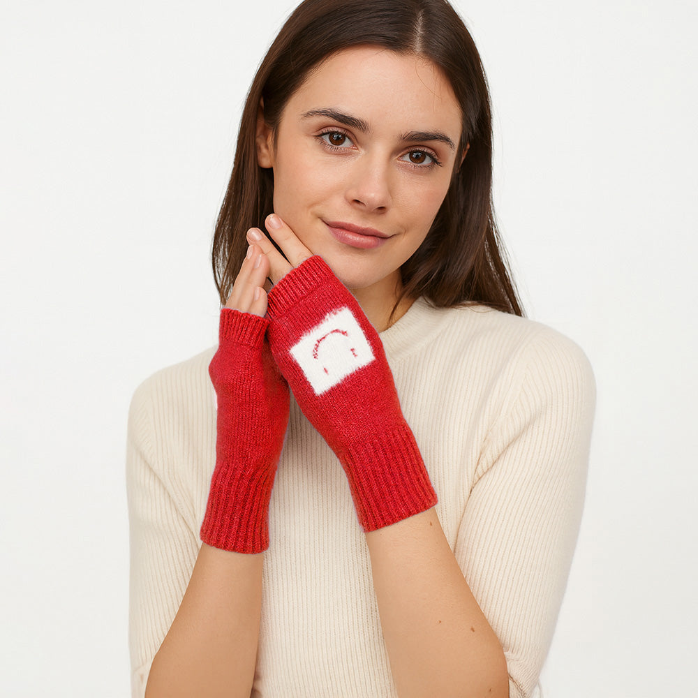 Madeline Love Red Square Smile Face Accent Fingerless Knit Gloves - Jewelry