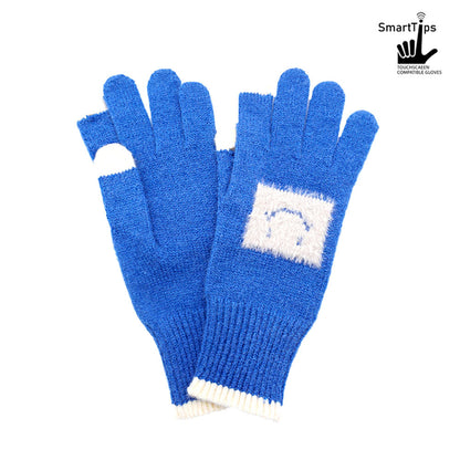 Blue Cozy knit gloves with smart touch technology, featuring a playful face motif and contrast trim design. Perfect for keeping hands warm while allowing easy use of smartphones and tablets. A stylish and practical cold-weather accessory that combines fun detailing with everyday functionality.