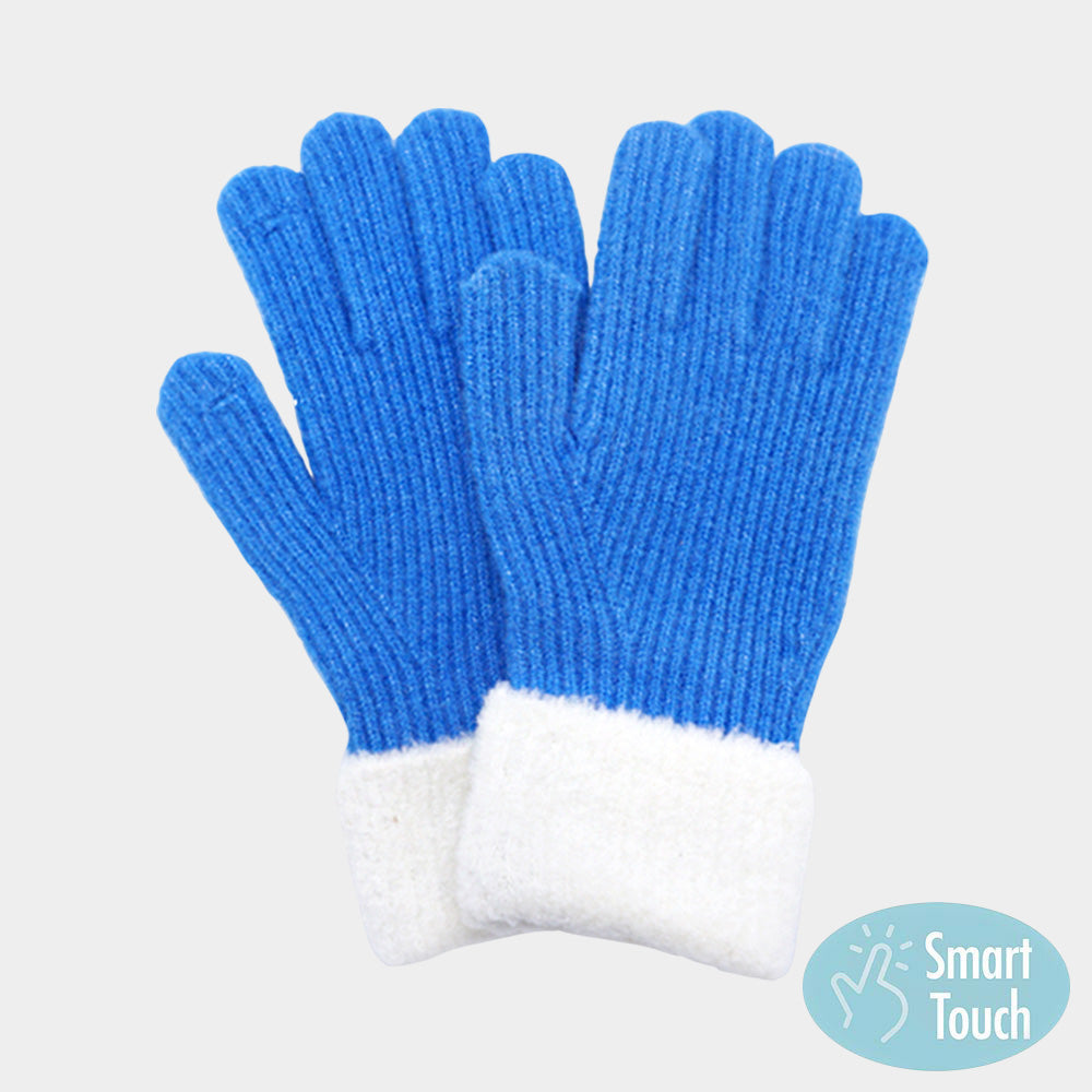 Blue Soft knit gloves with a cozy cuffed design, featuring smart touch technology for effortless use of phones and tablets in cold weather. Combining warmth, comfort, and practicality, these versatile gloves are a must-have accessory for everyday winter wear with timeless style.