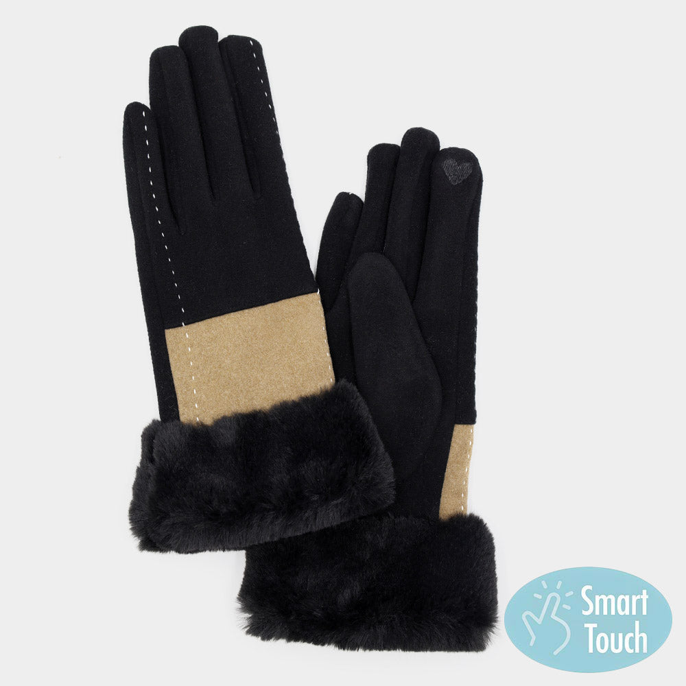 Black Two Tone And Stitch Lines Faux Fur Cuff Smart Touch Gloves