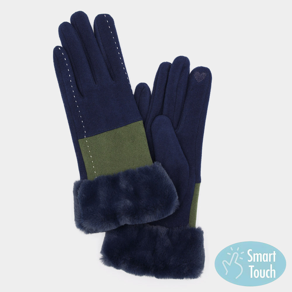 Navy Two Tone And Stitch Lines Faux Fur Cuff Smart Touch Gloves