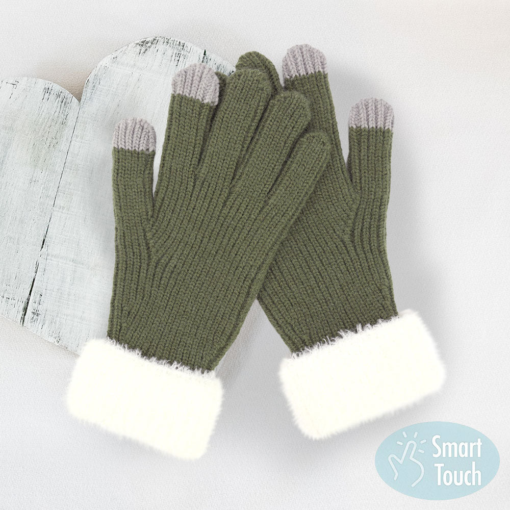 Madeline Love Olive Green Faux Fur Cuff Smart Touch Knit Gloves - Hair Accessories