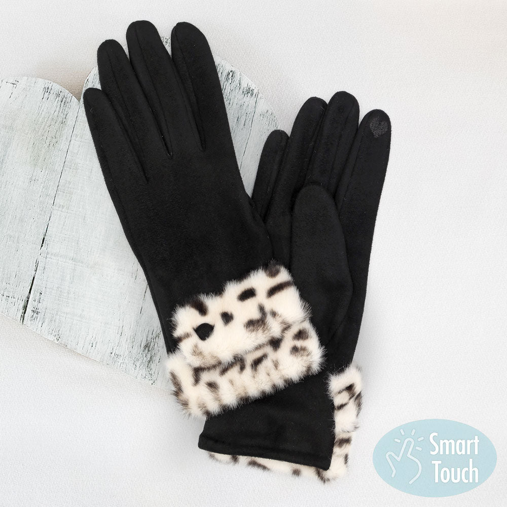Black Leopard Faux Fur Cuff Smart Touch Gloves