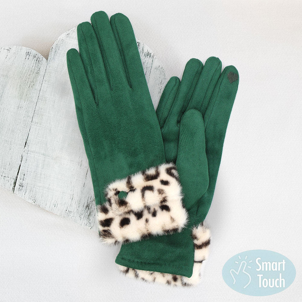 Green Leopard Faux Fur Cuff Smart Touch Gloves
