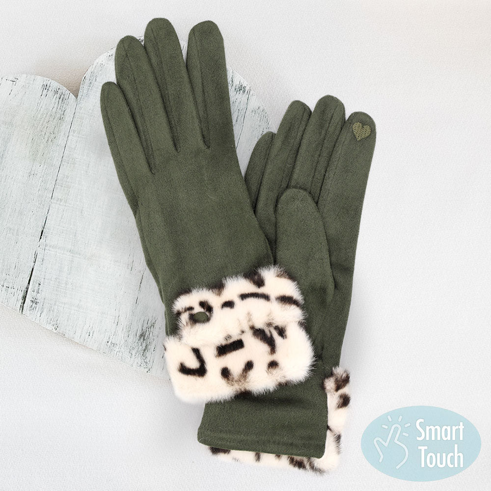 Olive Green Leopard Faux Fur Cuff Smart Touch Gloves