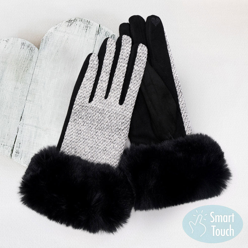 Black Faux Fur Cuff Mixed Color Smart Touch Gloves