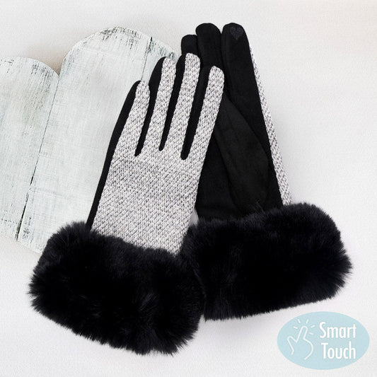 Black Faux Fur Cuff Mixed Color Smart Touch Gloves