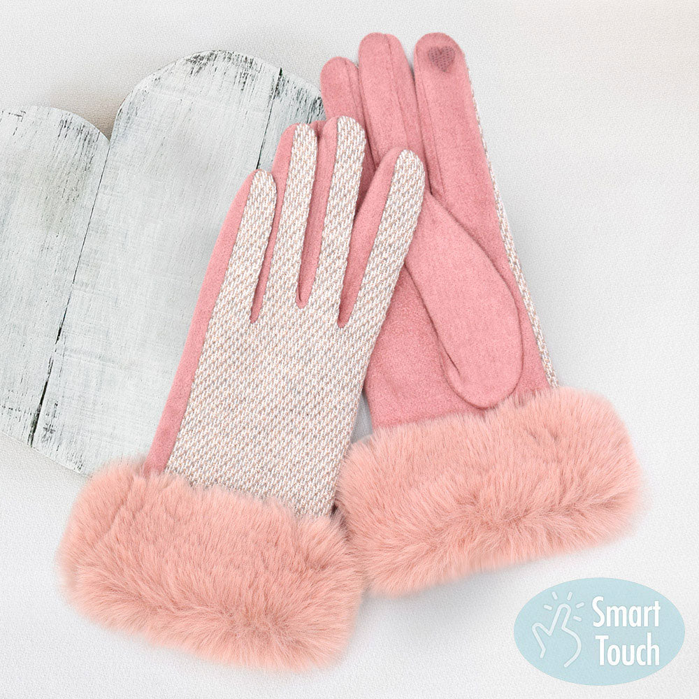 Pink Faux Fur Cuff Mixed Color Smart Touch Gloves