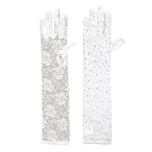 White Elegant stone-embellished floral lace wedding gloves designed to add a touch of sparkle and timeless romance to your bridal or formal look. Featuring delicate lace detailing and a refined long silhouette, these dressy gloves beautifully complement wedding gowns, evening dresses, and special occasion outfits.