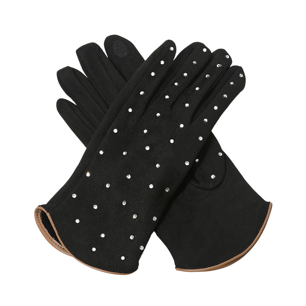 Black Elegant smart touch gloves adorned with sparkling rhinestones and a sleek trim finish. These stylish gloves combine comfort with functionality, allowing touchscreen use while keeping hands warm and chic — perfect for both casual outings and sophisticated cold-weather